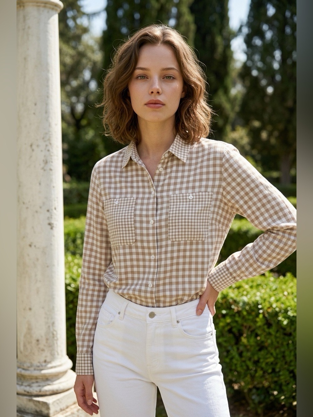 Equipment Femme Beige Gingham Silk Shirt, Size L